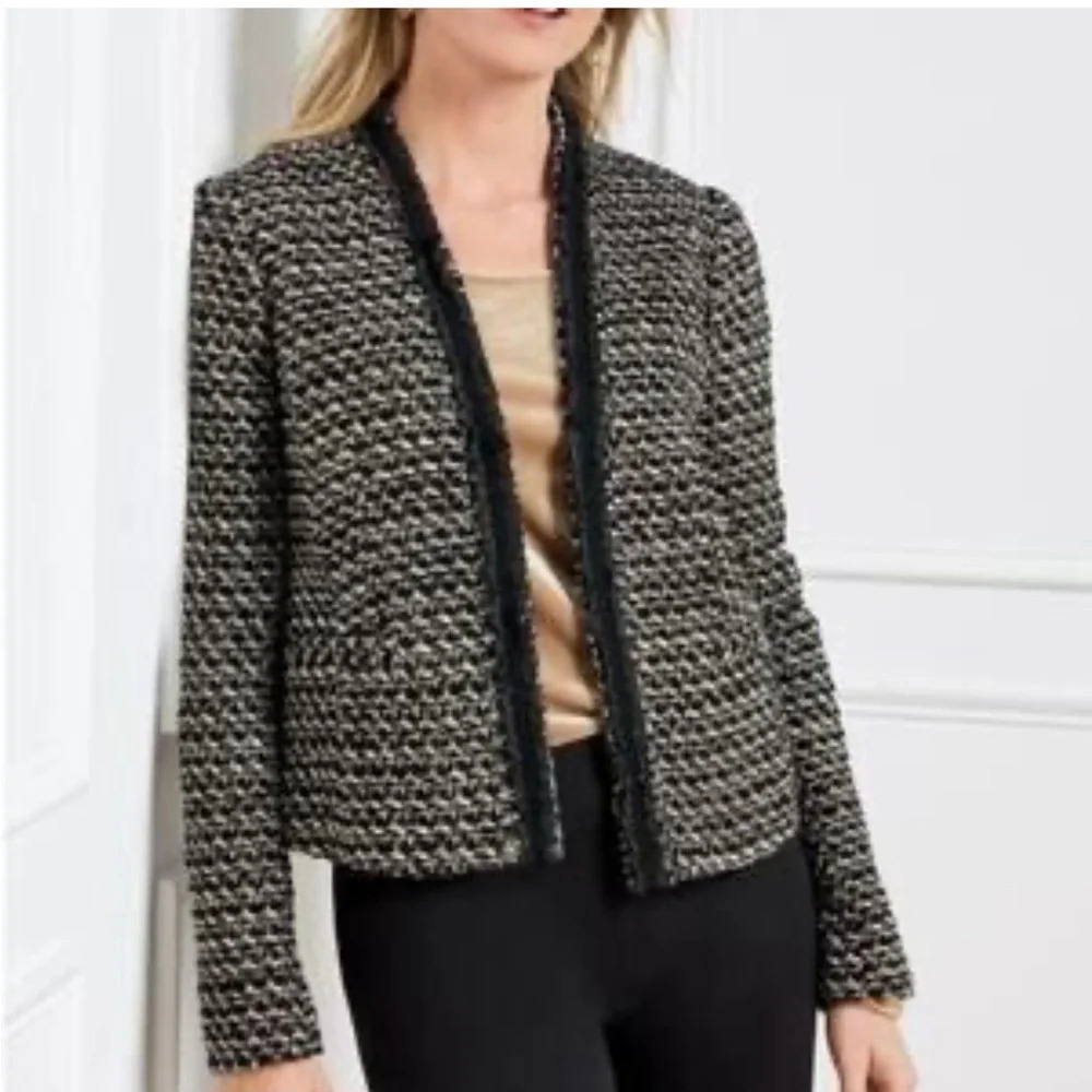 Talbots Tweed Lady Jacket in Black/White/Gold with a Small Ruffle Detail - 2P